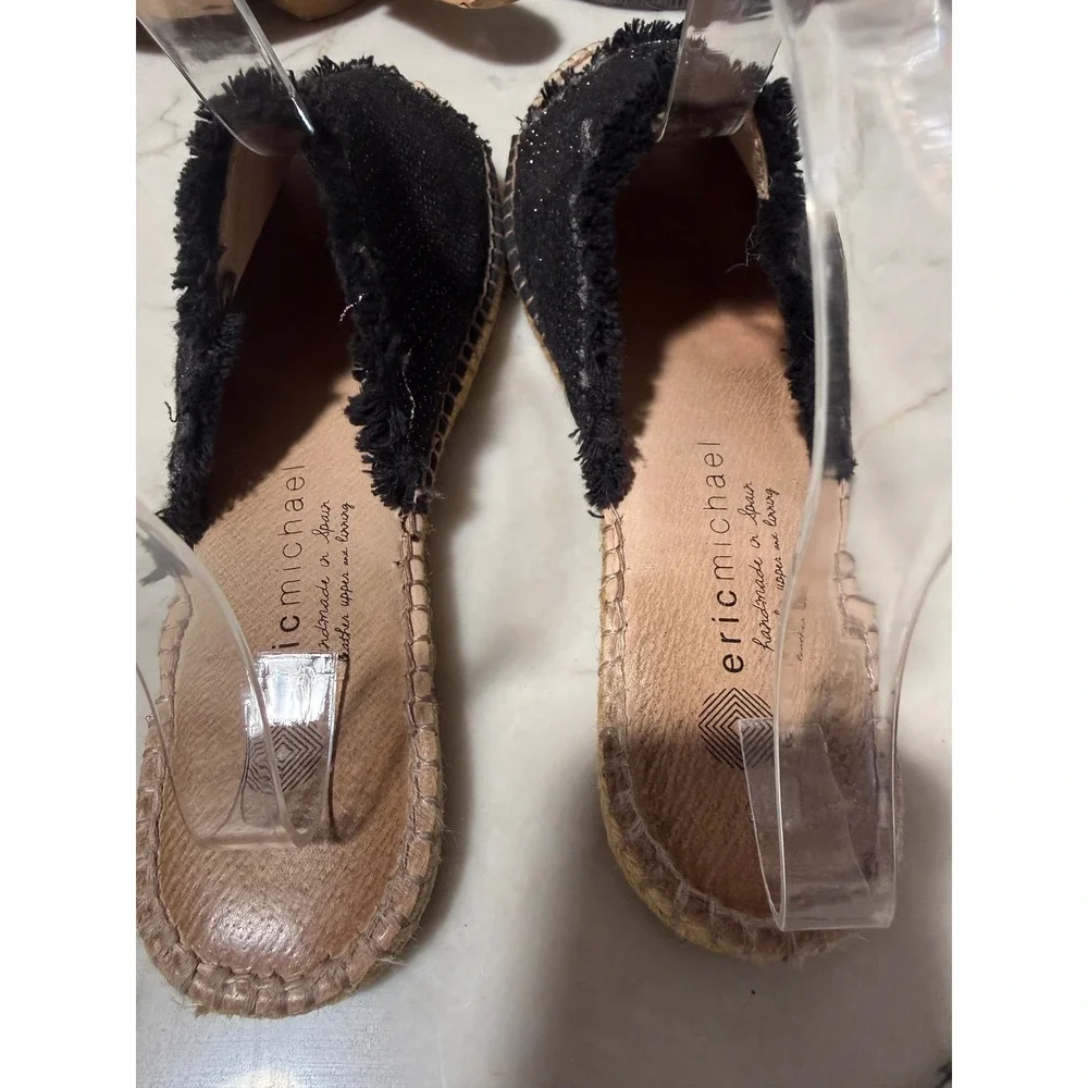 Eric Michael Handmade in Spain Black Shimmer Fringe Espadrille Slides Sz 39 8.5